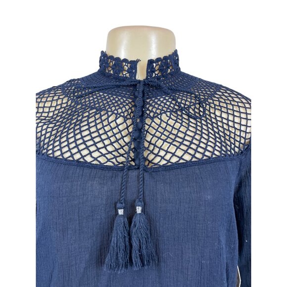 Free People Women's Indigo Blue Boho Tassel Crochet Gauzy Mesh Blouse Top Sz XS - Picture 4 of 9